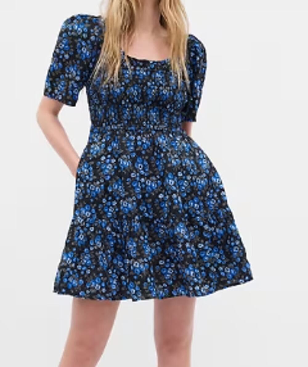 GAP Scoopneck Short Puff Sleeve Floral Smocked Mini Dress Black Blue Small Tall